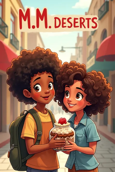 Write on image "M.M DESERTS" along with an illustrative drawing of a boy with a girl holding a jar of dessert in their hands in a street sales scenario, Both the girl and the boy should have brown skin and curly hair.