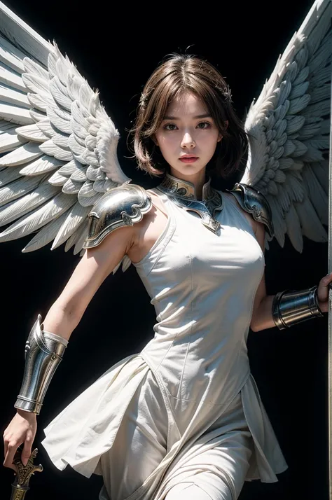 strong angel with heavenly armor, with shield sword, seven wings, ready for battle  