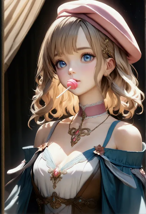 ((greatest masterpiece:1.3, ultimate quality:1.3, ultra-detailed:1.2)), (movie lighting), ((perfectly sensual)), super fine illustration, an extremely delicate and beautiful, 4K, 8K, 16K, UHD, 1girl, solo, light brown hair, blue eyes, pink beret, white rib...