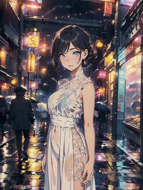 ((Highest quality, 8k, lace maxi dress, Standing in the rain, Red Light District, Highly detailed face and skin texture, Detailed eyes, double eyelid.)