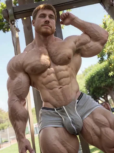 (ginger:1.2), realistic, park, young, sunny day, Ginger-haired male figure with well-defined, hyper-realistic musculature (muscle definition:1.4). Chest and abdominal muscles appear toned and chiseled, with visible fibers and striations (chest muscles:1.6)...