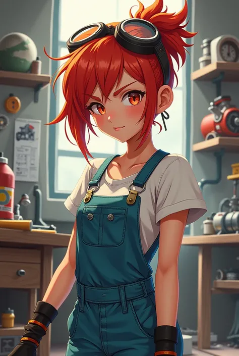 An anime girl with red hair whos a gearhead.

