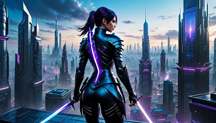 A highly detailed and realistic masterpiece depicting a rear view of a female assassin character. She is dressed in a sleek, futuristic black armor that accentuates her sensuality, wielding high-tech designed swords in both hands. The figure stands on the ...