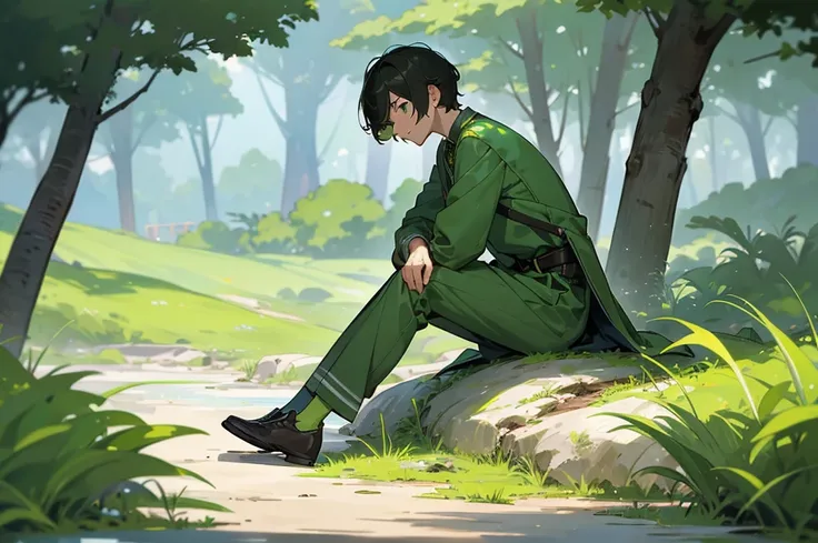 A thoughtful young man with medium hair, a neutral expression, dressed in green-colored clothing and wearing comfortable shoes, lost in thought in a natural setting, his gaze off in the distance