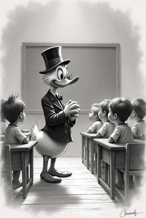 Draw a pencil sketch of Scrooge McDuck in a classroom talking to students wearing yellow shirts. 
