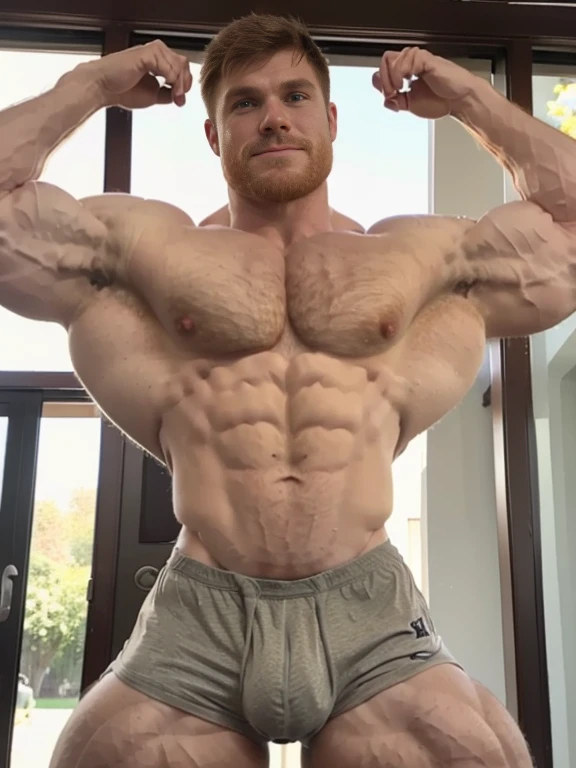 (ginger:1.2), realistic, park, young, sunny day, Ginger-haired male figure with well-defined, hyper-realistic musculature (muscle definition:1.4). Chest and abdominal muscles appear toned and chiseled, with visible fibers and striations (chest muscles:1.6)...