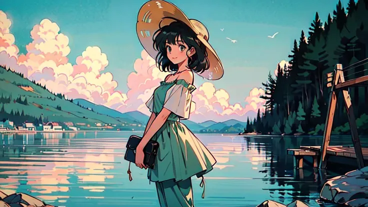 A peaceful summer scene in anime style, featuring a young woman in a sundress and wide-brimmed hat standing next to a clothesline. Clothes hanging to dry include a t-shirt, socks, and polka dot pants. Lush green foliage frames the scene, with a bright blue...