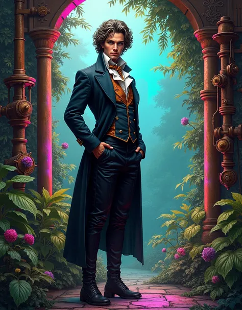 Imagine Steampunk/Synthwave fusion depicts an influential musician，Similar to Ludwig van Beethoven。The musician stood in the lush、In the vibrant garden。He is surrounded by complex gears、Steam valve、Rustic brass and copper accents，These are typical features...