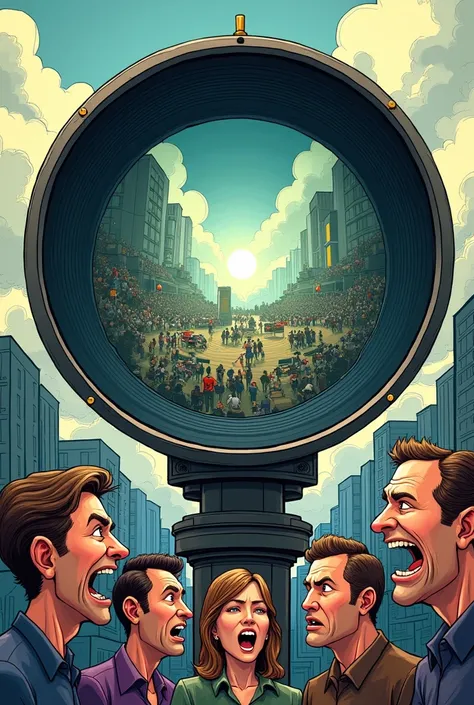 Create an editorial cartoon about media.
The cartoon shows a single, oversized camera lens in the center. The lens is labeled "Media."
Behind the lens, a vast, complex scene with different events and people doing various things is partially visible. Howeve...