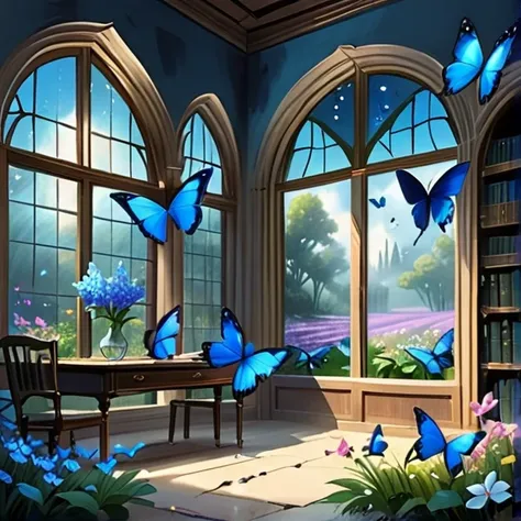 landscape。fantasy、many blue butterflies in the distance々、glowing butterfly、old library、large windows、a garden with beautiful flo...