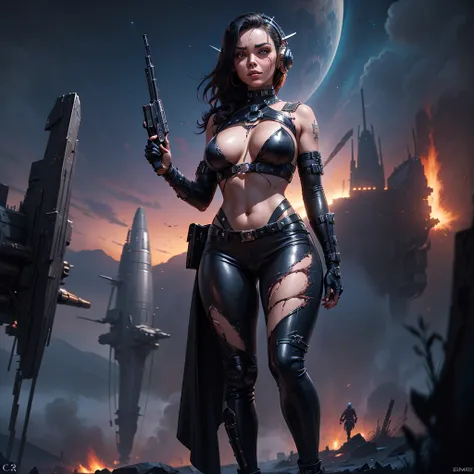 there is a woman holding a gun in front of a spaceship, ruined empire in the background, official character art, zombie of eternal damnation, Orion, c painting - 3 p 0, inspired by Sargent Johnson, planet sky in the background, juno promotional image, full...