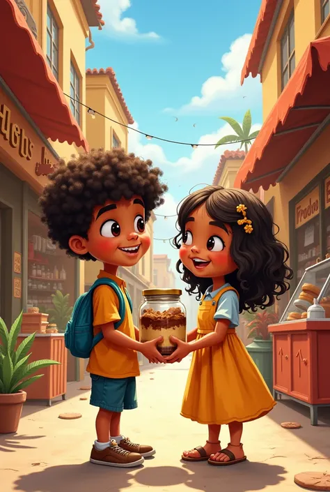 Write on image "M.M DESERTS" along with an illustrative drawing of a boy with a girl holding a jar of dessert in their hands in a street sales scenario, Both, the girl and the boy, should have brown skin and wavy hair..