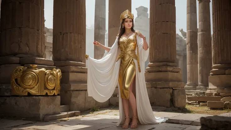 Create a highly detailed and realistic image of the Greek goddess Athena standing amidst ancient ruins. She is dressed in flowing, elegant white robes, with a golden trim, and holds a shield emblazoned with the face of Medusa in one hand. In her other hand...