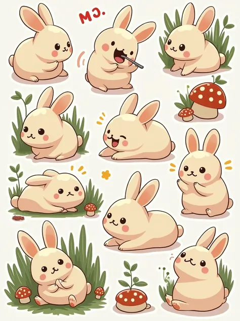 a drawing for the rabbit daily timetable stickers, in the style of hallyu, mori kei, duckcore, plush doll art, exaggerated poses,[happy, angry, sad, cry, cute, expecting, laughing, disappointedl