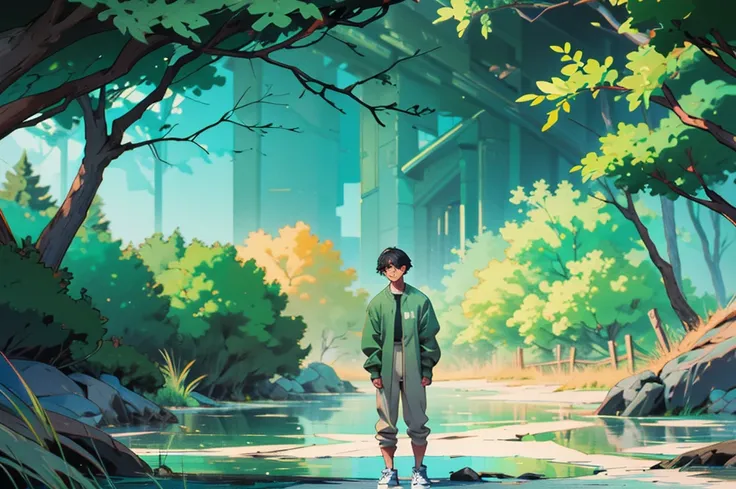 A thoughtful young man with hair length till shoulders, a neutral expression, dressed in green-colored clothing and wearing comfortable shoes, lost in thought in a natural setting, his gaze off in the distance