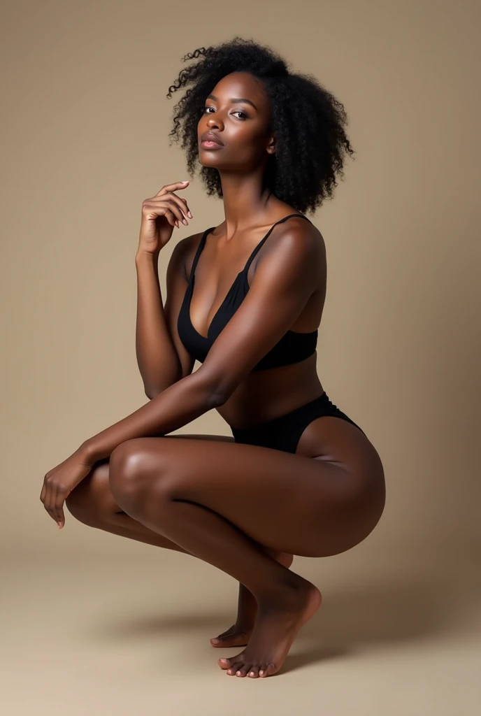 Girl, black skin, model, pretty, bikini, squat pose, squatting, back view, looking left, hand raised to the left, relaxed pose, studio shoot, realistic
