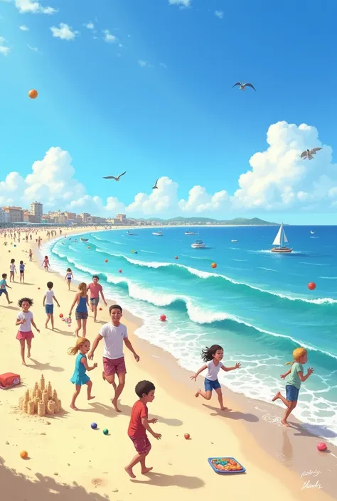 Imagine a beach in Tramandaí, where the waves of the sea are gently breaking on the shore. on the sand, groups of people are having fun, laughing loud, making the most of the sunny day. Some children run close to the sea, while others play with balls or bu...