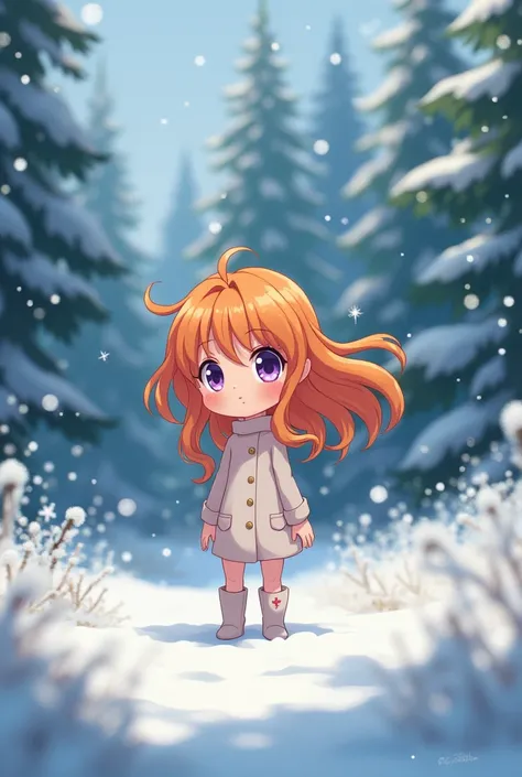 anime, Long hair,  orange hair, small stature, purple eyes, snowy forest background