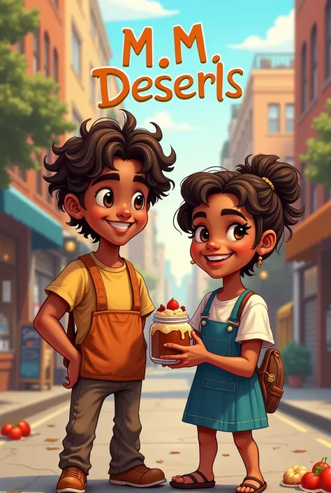 Write on image "M.M DESERTS" along with an illustrative drawing of a boy with a girl holding a jar of dessert in their hands in a street sales scenario, has long wavy hair and brown skin while  has brown skin and short curly hair..