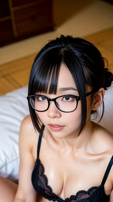 ((Highest quality)), ((masterpiece)), (become close), Perfect Face,1 Japanese female,Age 25, ,Very short hair、Black Hair、Random hairstyles for short hair and updos、 Wearing glasses, mouth half open, Sensational black lace lingerie, Sex with breasts hidden,...