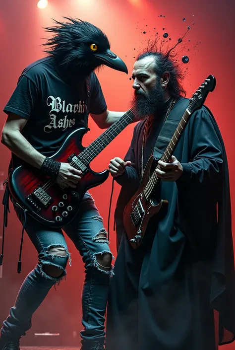 Crow with black glasses,dressed in ripped jeans and a black t-shirt that says "Blackbird Ashes". Playing the electric guitar at a concert . Stomping on the head of a priest, causing one of his eyes to pop out.