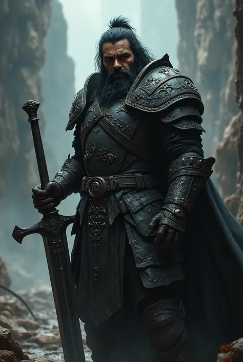 one  men, warrior, dirty black hair and beard, black fantasy, detailed black armor, greatsword