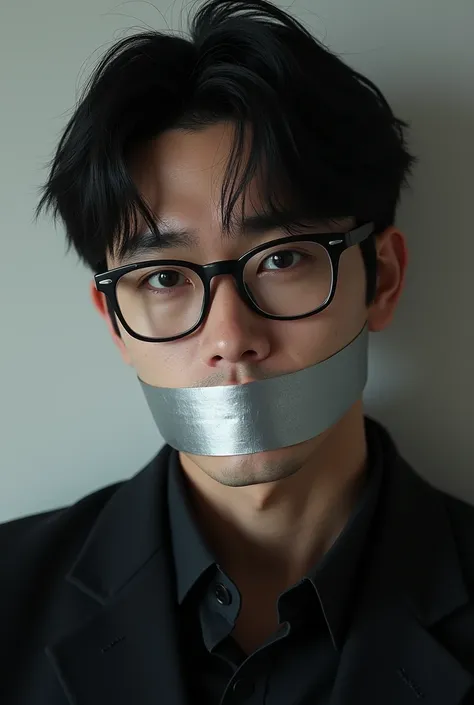 A handsome Japanese man with short hair wearing glasses with his mouth covered with duct tape