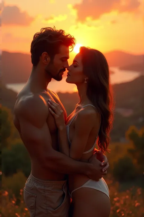 A sunset with a semi-naked couple in the center of the image