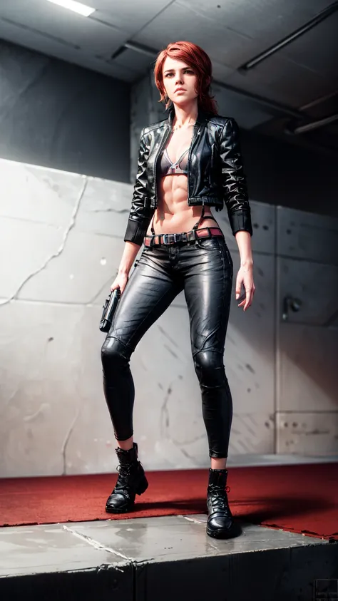 ((Courtney Hope)), red hair, asymmetrical hair, short ponytail, wavy hair, sidelocks, low ponytail, serious, Jesse Faden from video game "Control", Fitted Black motorcycle/bomber jacket 1/4 cropped, (tight, red micro bikini top under jacket), Skin tight bl...