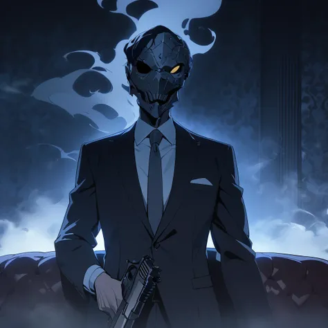 1man, masterpiece, strange head, couch, gun, pistol, smoke, formal clothes, suit, white shirt, gorgeous, no humans, cinematic, dramatic, contrast, night, fog, wallpaper, misteryous,