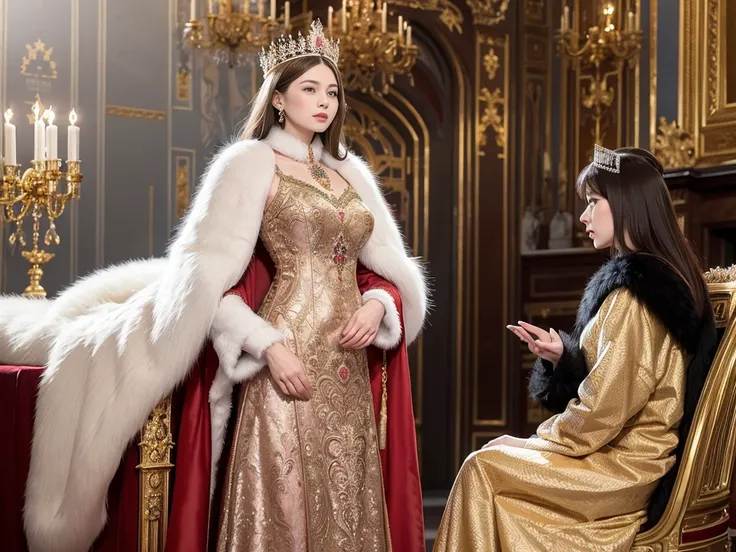 Russian women of the Imperial era、Russian lady in gorgeous dress、(((palace)))fur cape、Watching the audience、(((Pair of women)))、Fur coat。