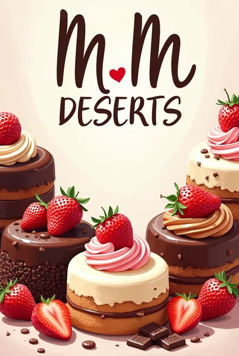 Write on the image "M.M DESERTS" along with illustrative drawings of various eye-catching desserts with strawberries and chocolate