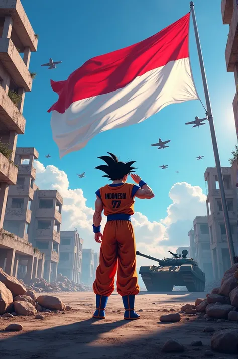 live action. The feel of independence, the background of the red and white flag flying majestically in the sky. There is text from the ruins of the building that reads "INDONESIA 79". the character Son Goku, in his trademark clothes, stands tall in his tra...