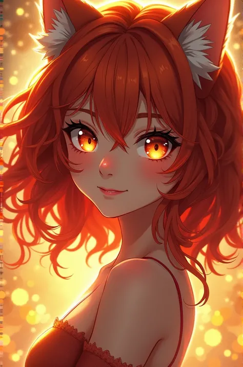 Anime girl, tan skin, curly red hair. Amber cat eyes. Fantasy vibe 