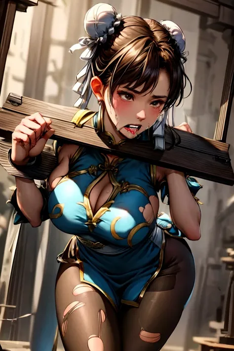 alone, masterpiece, Highest quality, Very detailed, 8k, Browsing Caution, Goa, Violence, surface scattering, (Pillory:1.4),Leaning forward, break, Chunli, To SF2, Hair Bun, Pan with lid, China dress, Chai Pao, Blue clothes, Puff sleeves, Brown pantyhose, W...