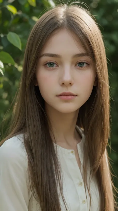 a girl. european. oval face. delicate features. long face. gentle features. half-closed eyes. green eyes. long, straight, very thick hair. green. sad. shy. scared