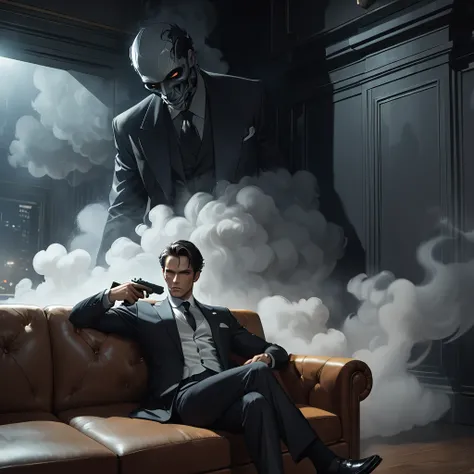 1man, masterpiece, strange head, couch, gun, pistol, smoke, formal clothes, suit, white shirt, gorgeous, no humans, cinematic, dramatic, contrast, night, fog, wallpaper, misteryous,