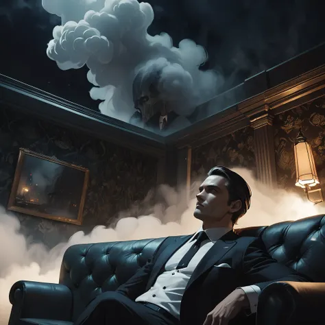 1man, masterpiece, strange head, couch, gun, pistol, smoke, formal clothes, suit, white shirt, gorgeous, no humans, cinematic, dramatic, contrast, night, fog, wallpaper, misteryous,