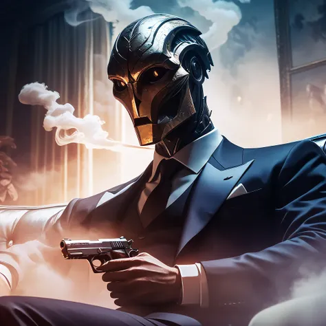 1man, masterpiece, strange head, couch, gun, pistol, smoke, formal clothes, suit, white shirt, gorgeous, no humans, cinematic, dramatic, contrast, night, fog, wallpaper, misteryous,