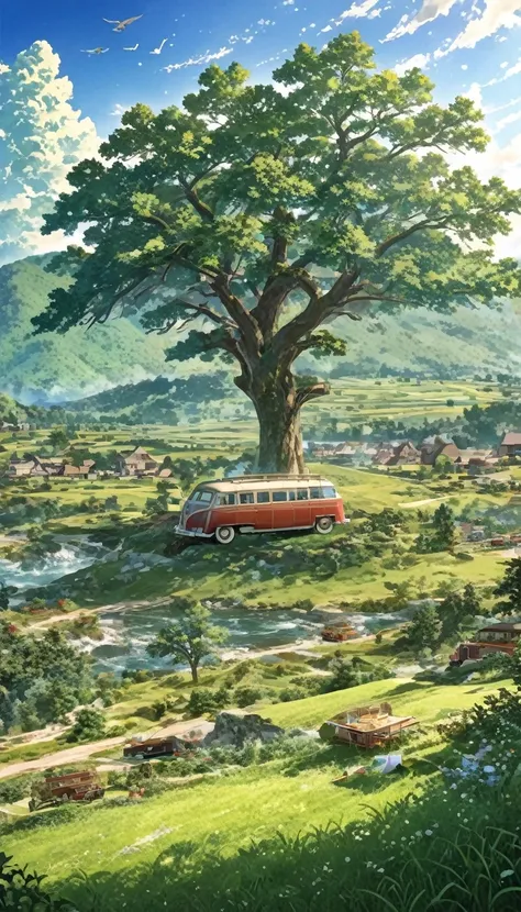 A stunning landscape painting of a large tree with lush, green foliage overlocking a rolling, grassy field with a vintage station wagon parked in the distance, in the style of a vibrant, derailed digital illustration., photo, 3d render, illustration, cinem...