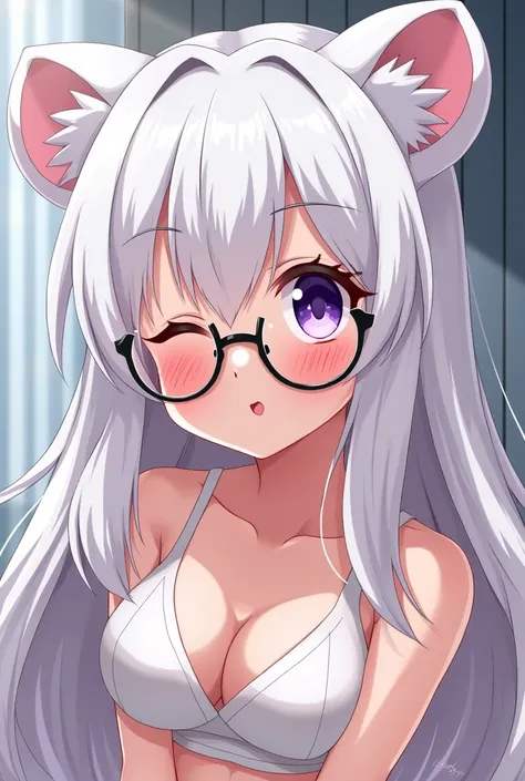 woman with long white hair+white bear ears+glasses+purple eye+on dick+
Blowjob+nude+anime