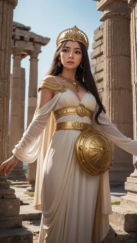 Create a highly detailed and realistic image of the Greek goddess Athena standing amidst ancient ruins. She is dressed in flowing, elegant white robes, with a golden trim, and holds a shield emblazoned with the face of Medusa in one hand. In her other hand...