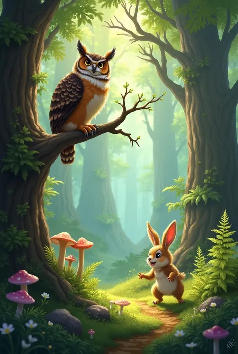 In a dense forest, there lived two very different animals: Olivia, a wise and lonely owl, and Beto, a curious rabbit always looking for new adventures. Olivia passava suas noites voando silenciosamente entre as árvores, observing everything around you with...