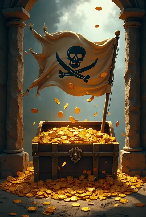 best quality,4K,8k,mackerel,masterpiece:1.2,very detailed,realistic:1.37,pirate flag, Two windows, Break through the money bag,illustration,Muddy texture,dynamic scene,Pirate Gold Coins,Ancient Treasure Chest,dramatic lighting,vivid colors