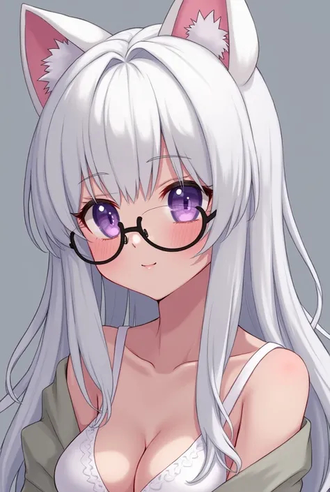 woman with long white hair+white bear ears+glasses+purple eye+dick+nude