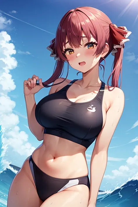 bbmarine, twintails, covered in sweat　my whole body is wet　sports bra　sports bikini　ocean　standing on the crest of a big wave　pr...