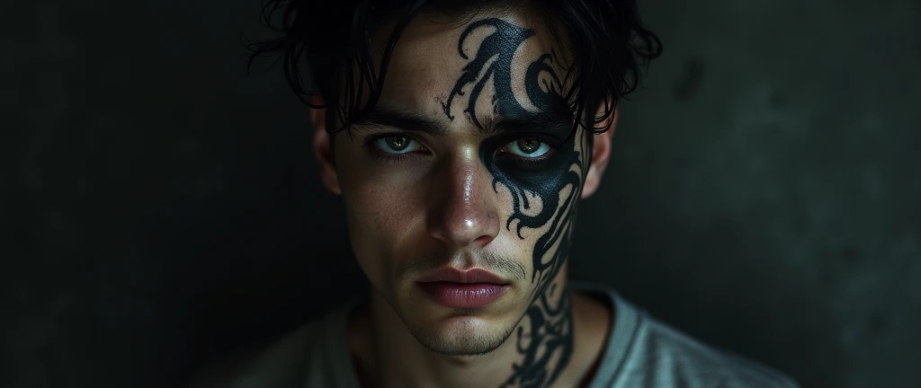 Tattoo Boy, so beautiful, Murderous, betrayal, anger, Dark Background, 8k, Dynamic Wallpapers, Very delicate, very dark　Future