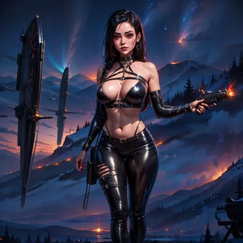 there is a woman holding a gun in front of a spaceship, ruined empire in the background, official character art, zombie of eternal damnation, Orion, planet sky in the background, juno promotional image, destroyed outfit revealing part of her body. beautifu...