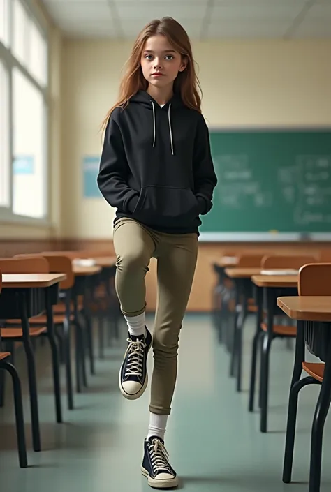 Real life high school white girl, classroom background, black hoodie, tight khaki pants, legs focus, legs, high top converse shoes, butt, one leg kicking up in the air, white socks. 