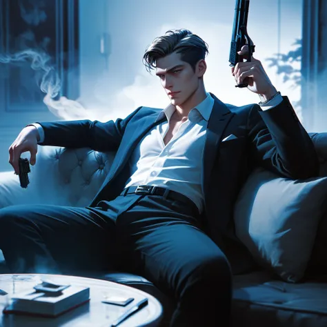 1man, masterpiece, strange head, couch, gun, pistol, smoke, formal clothes, suit, white shirt, gorgeous, no humans, cinematic, dramatic, contrast, night, fog, wallpaper, misteryous,